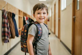 Jeune enfant de maternelle portant un sac à dos évolutif coloré dans un couloir d'école avec patères et casiers