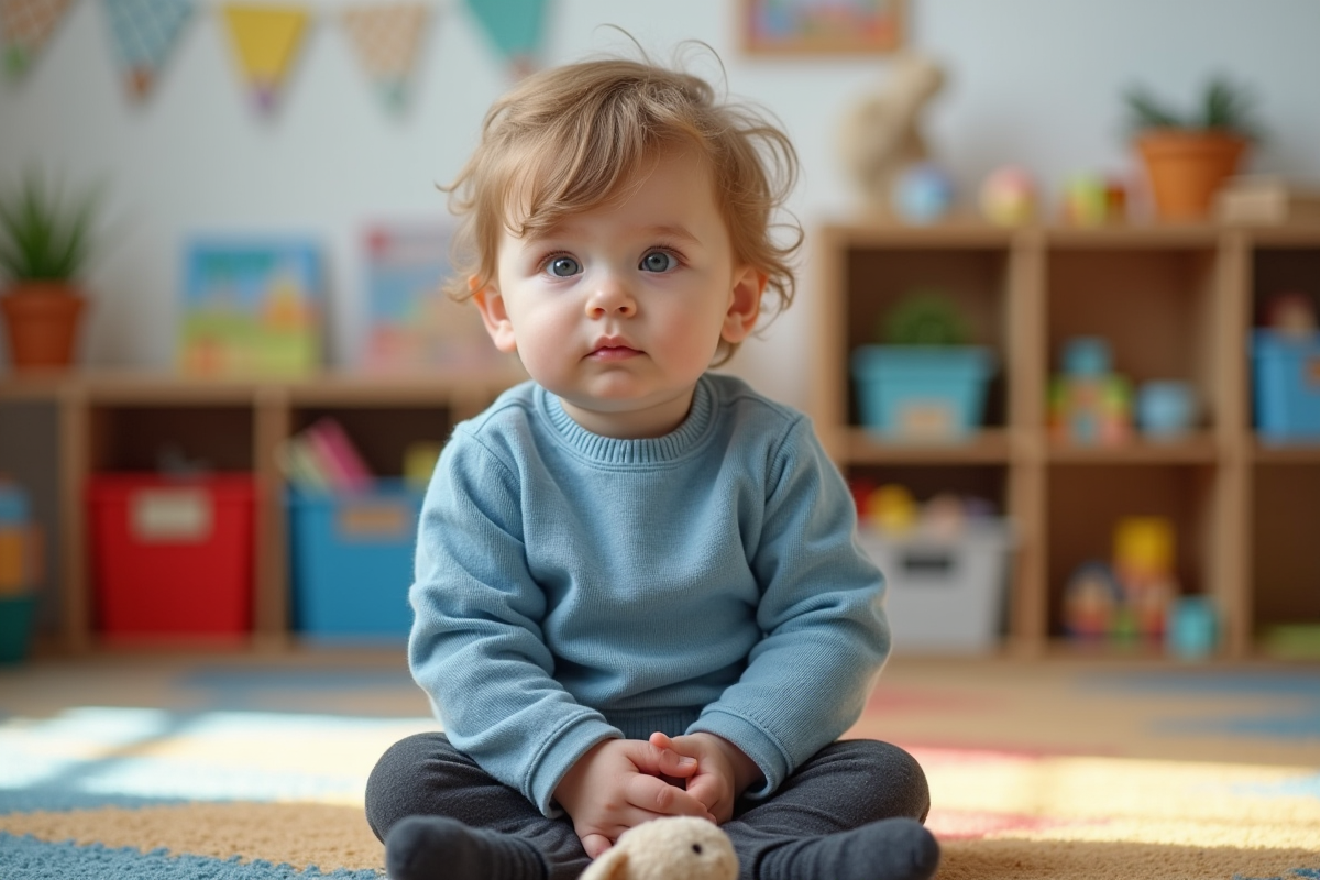 Garçon de 4 ans en pull bleu assis sur un tapis coloré en classe