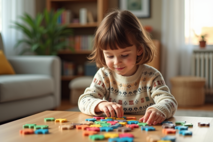 Fille de 6 ans assemble un puzzle coloré dans un salon chaleureux