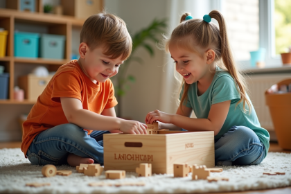 Garçon et fille souriants organisant un puzzle dans une salle lumineuse