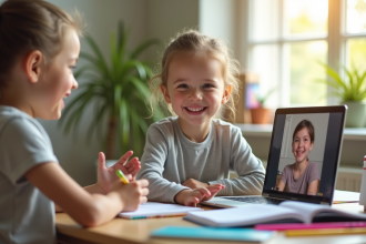 Enfant souriant en ligne avec un tuteur sur un ordinateur