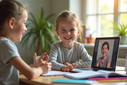 Enfant souriant en ligne avec un tuteur sur un ordinateur