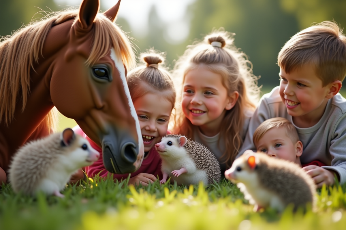 Enfants interagissant avec des animaux dont le nom commence par H