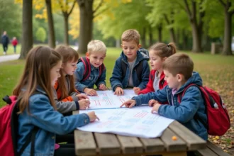 Enfants autour d'un calendrier pour planifier les vacances