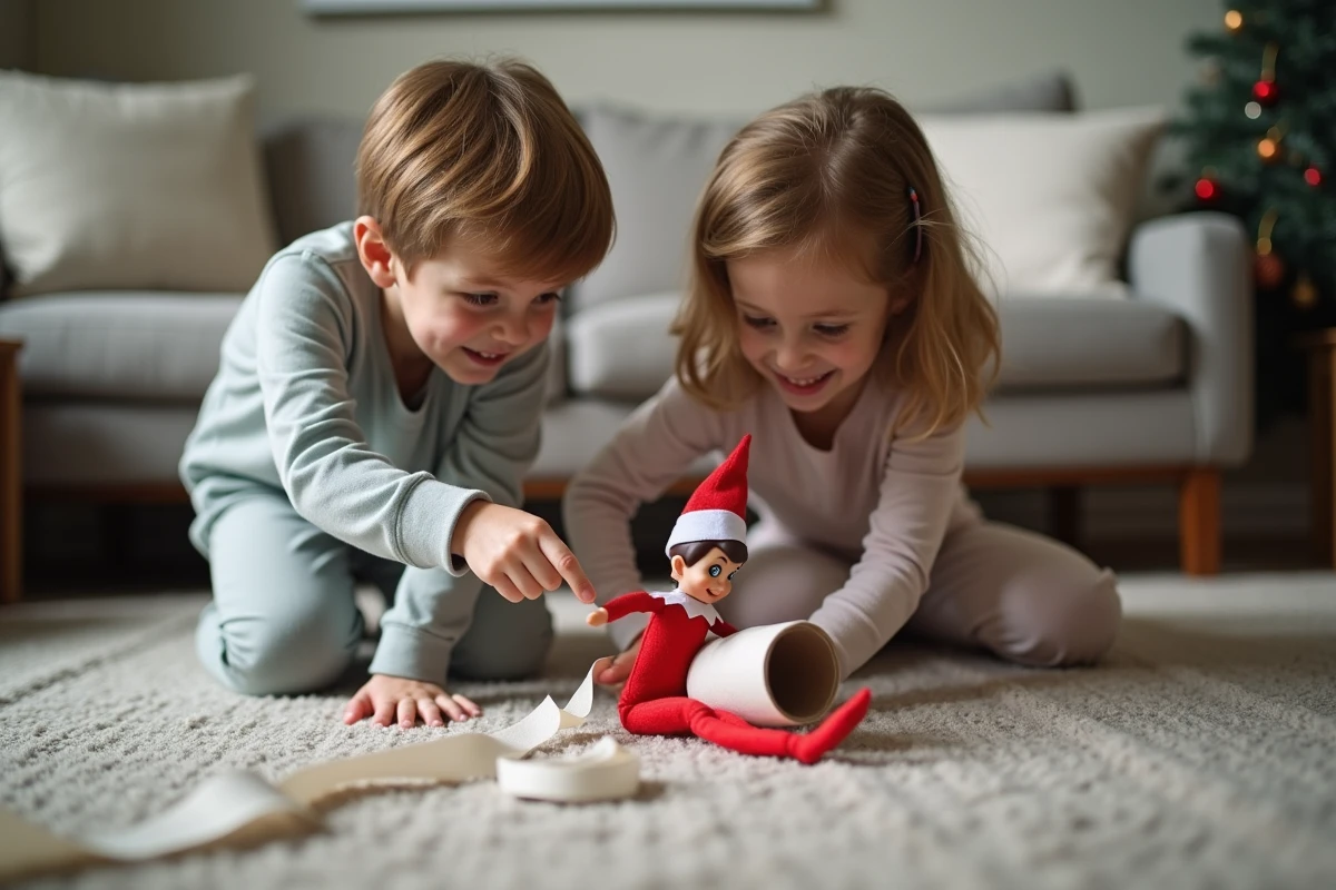 Deux enfants en pyjama découvrant leur lutin farceur emmêlé dans du papier toilette dans le salon