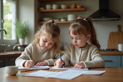 Jeunes enfants dessinant ensemble dans la cuisine chaleureuse