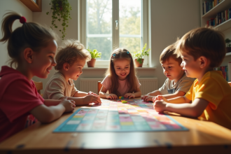 Enfants jouant à un jeu de société coloré en famille