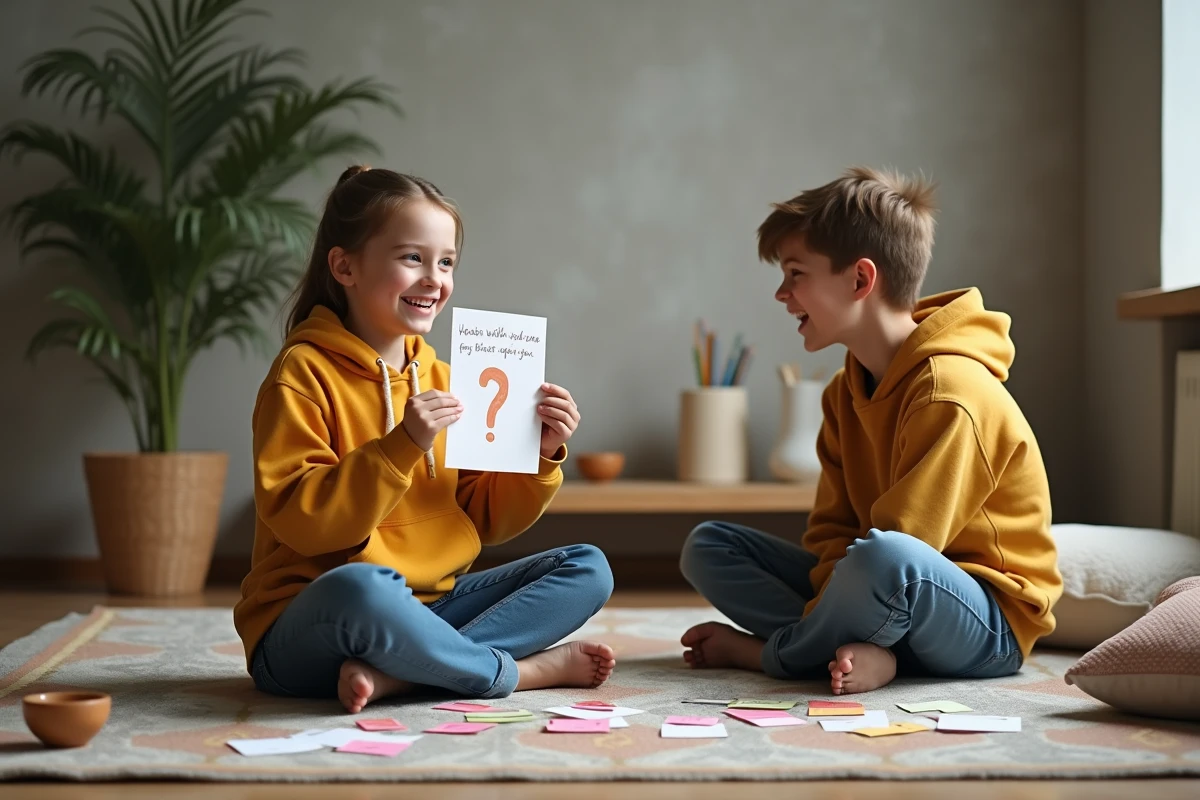 Enfants jouant aux devinettes sur papier assis par terre pendant une soirée en famille