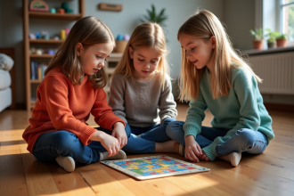 Groupe d'enfants jouant à Cendrillon dans un salon chaleureux