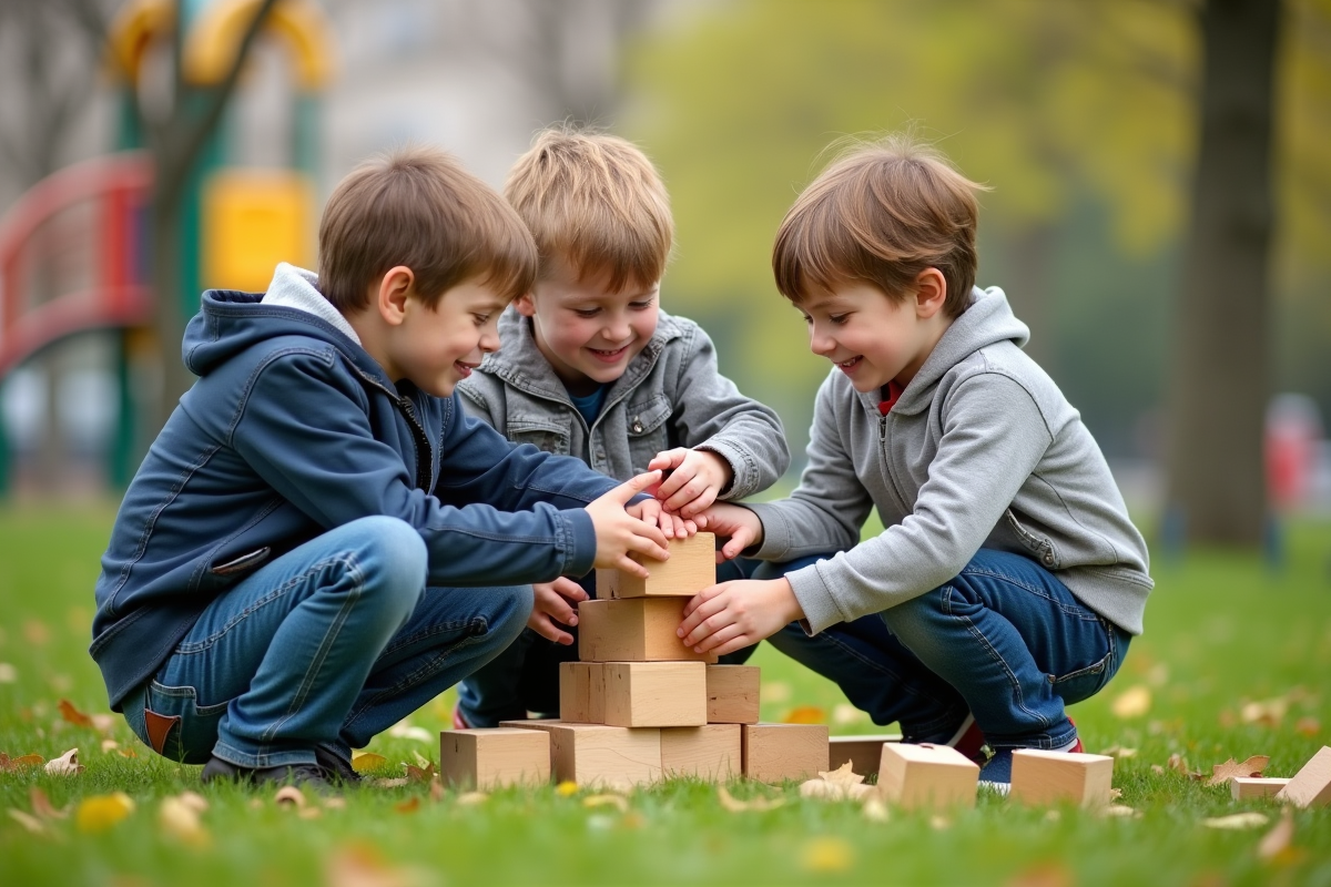 Trois enfants construisent une tour en blocs dans un parc vert