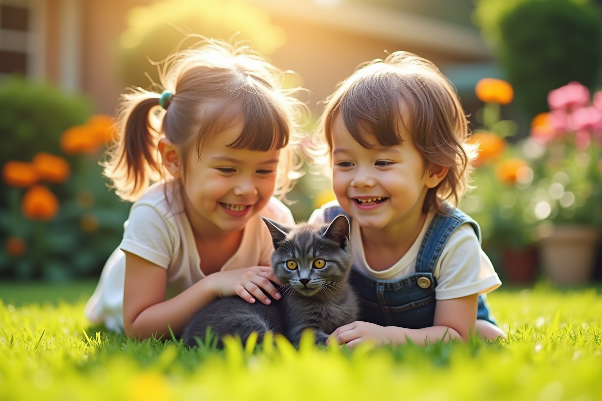 Deux enfants jouent avec un chaton gris dans un jardin ensoleille