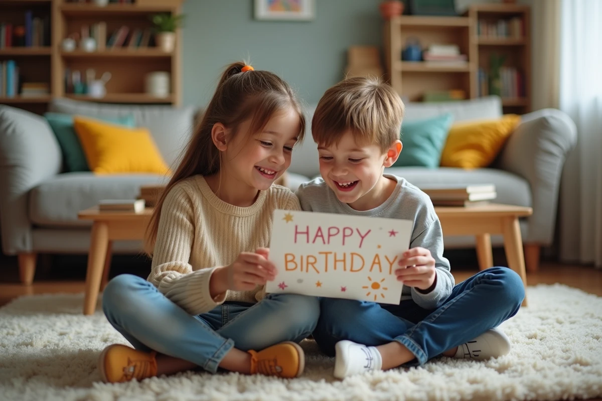 Deux enfants assis sur un tapis lisent ensemble une carte d'anniversaire décorée de stickers en riant