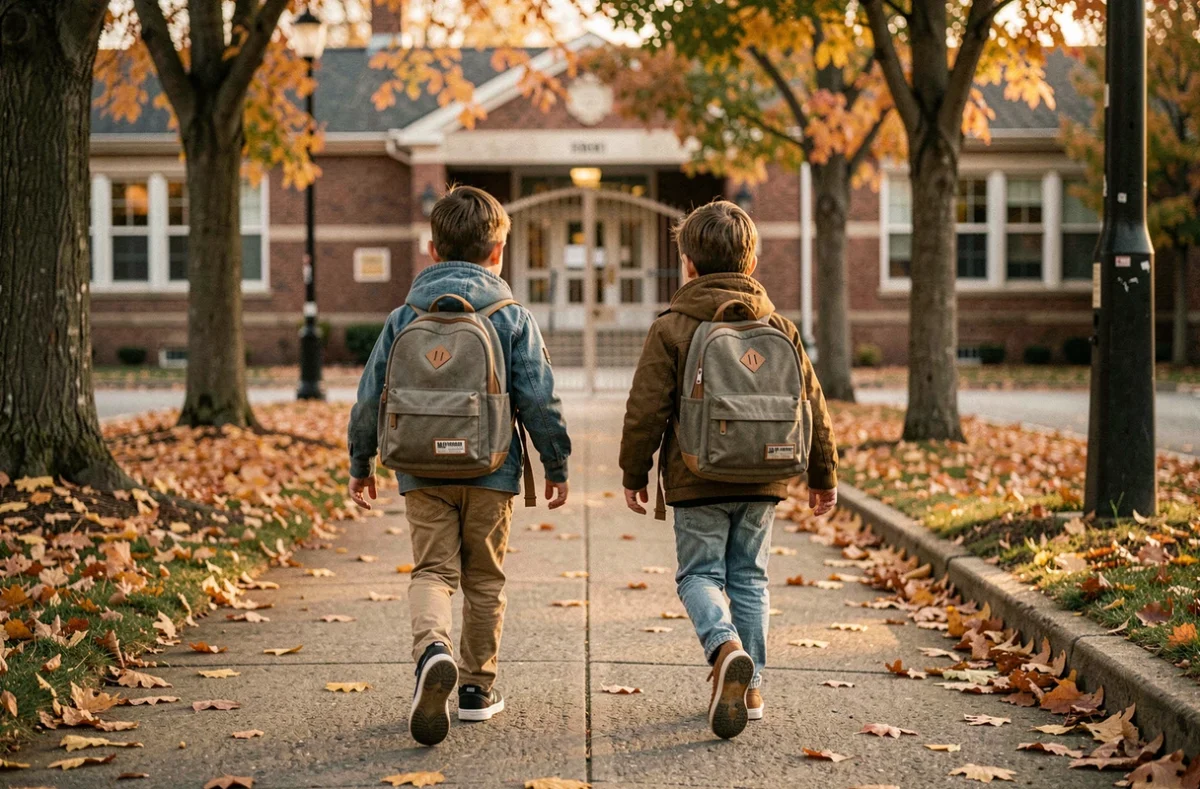 Deux enfants en maternelle et CP marchant côte à côte devant une école portant le même modèle de sac à dos évolutif adapté à chaque taille