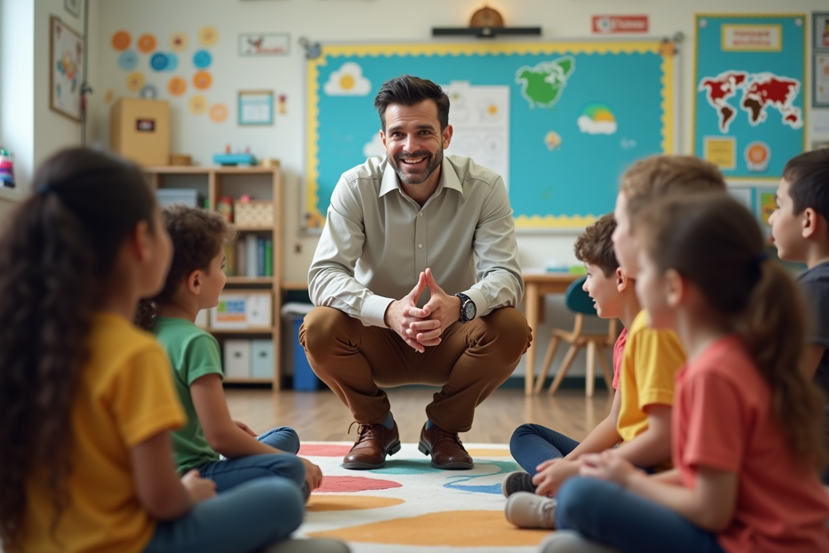 Professeur avec des élèves dans une classe moderne