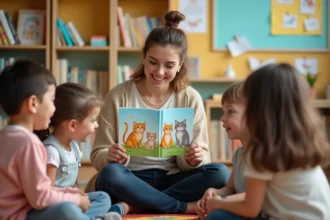 Enseignante lisant une comptine sur les petits chats à des élèves de maternelle assis en cercle sur un tapis coloré en classe