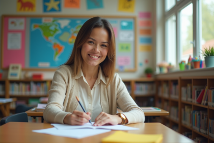 Femme en classe primaire en train de corriger des devoirs