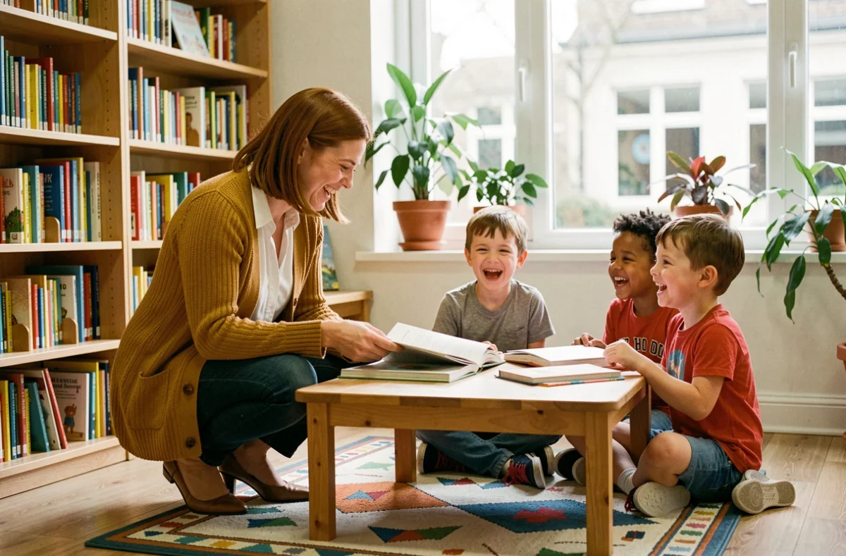 Enseignante et enfants de 8 ans partageant des blagues dans une bibliothèque scolaire