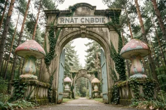 Entrée abandonnée du Parc des Schtroumpfs en Lorraine avec sculptures de champignons décolorées et végétation envahissante