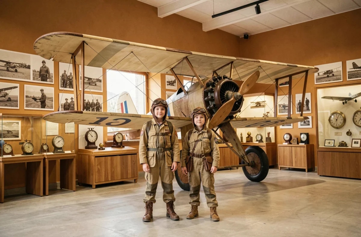 Enfants déguisés en aviateurs devant un biplan vintage à L'Envol des Pionniers à Toulouse