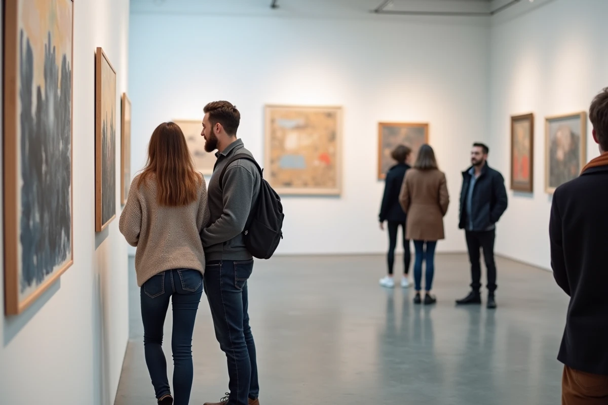 Couple admirant une œuvre d'art contemporain dans une galerie parisienne lors d'une exposition culturelle du week-end