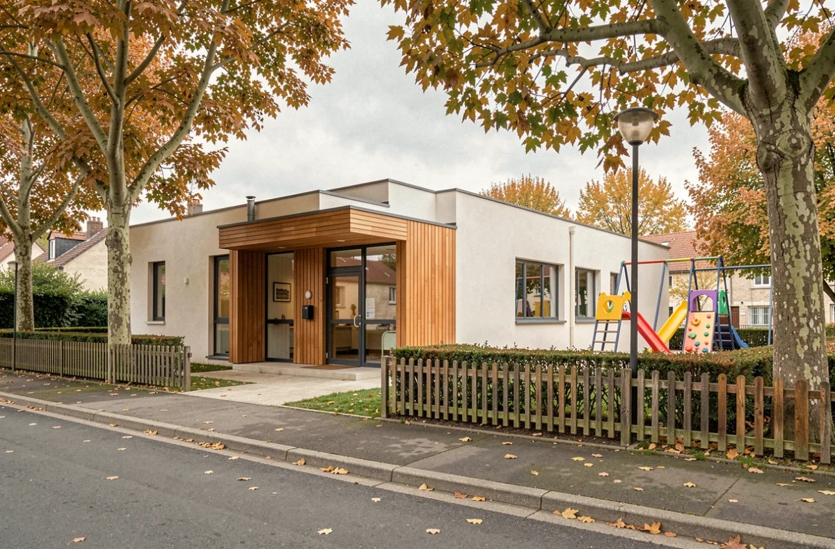 Façade moderne d'une crèche municipale en Centre-Val de Loire avec espace extérieur sécurisé