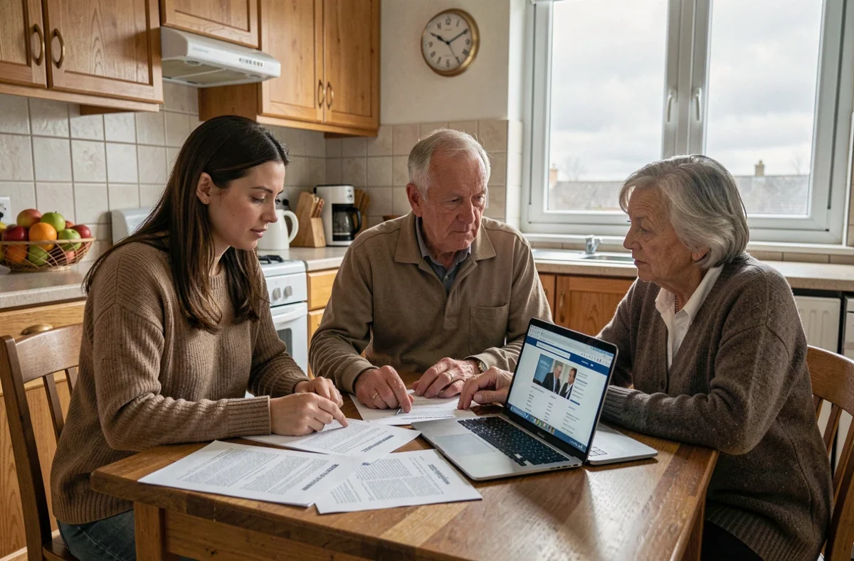 Famille discutant des enjeux patrimoniaux et successoraux liés à l'adoption simple autour d'une table