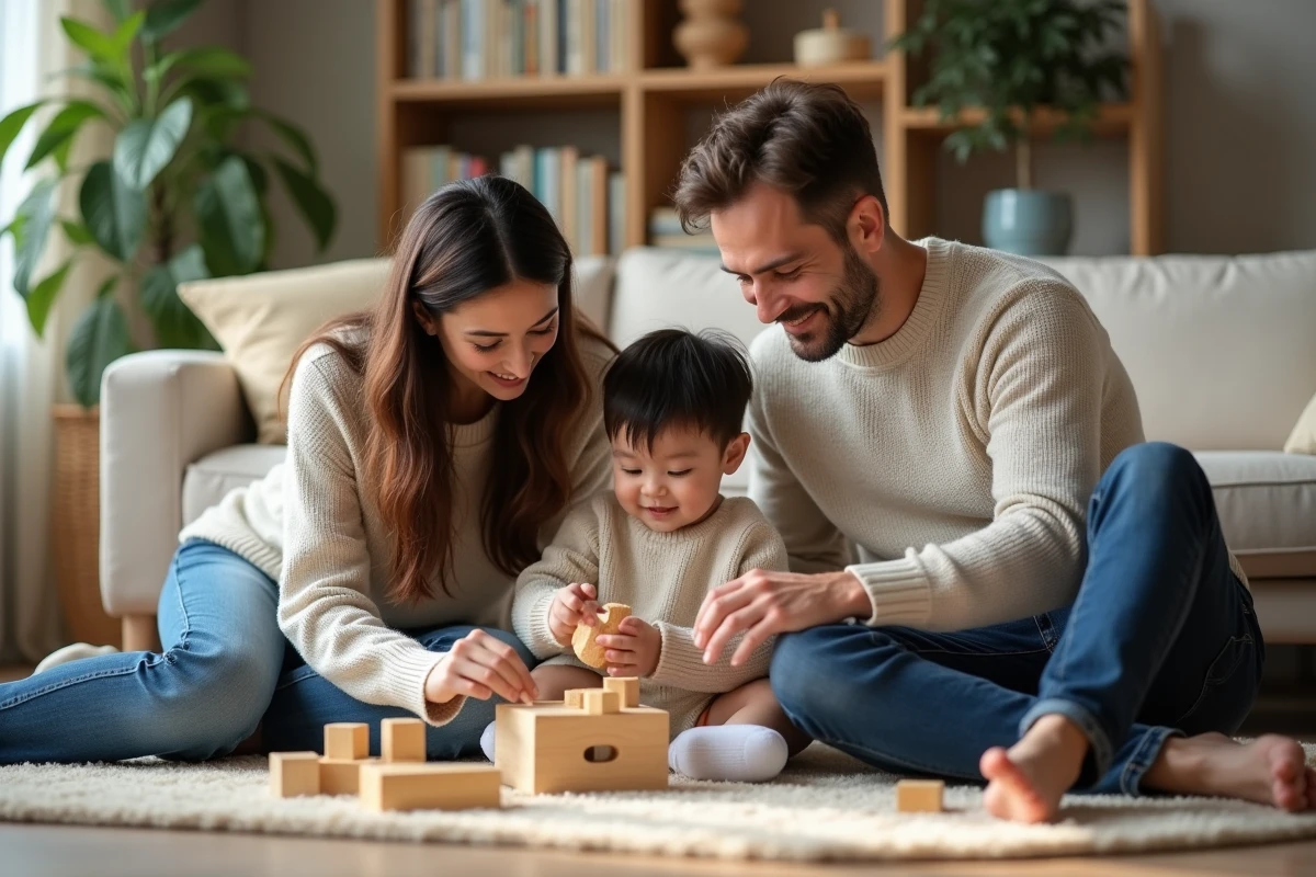 Famille adoptive internationale réunie à la maison jouant avec un enfant adopté à l'étranger