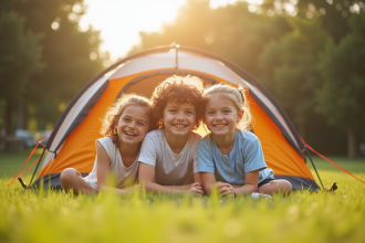 Famille souriante devant une tente en camping ensoleille