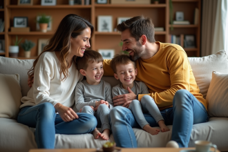 Famille de quatre souriante dans un salon chaleureux