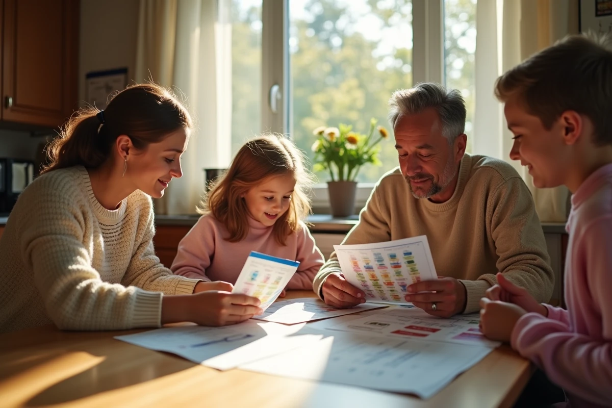 Famille de quatre préparant des brochures dans la cuisine