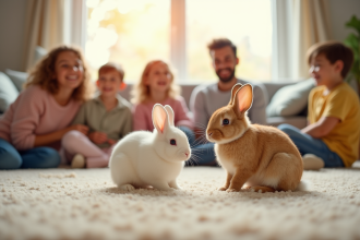 Famille heureuse avec enfants et lapins dans le salon lumineux