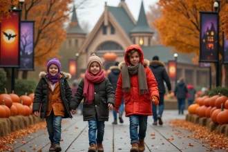 Famille avec enfants devant décor Halloween à Walibi RhôneAlpes
