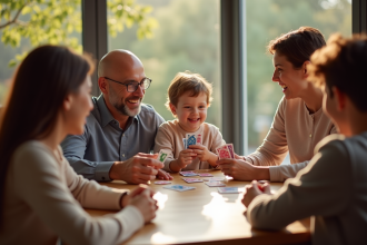 Famille souriante jouant aux cartes à la maison