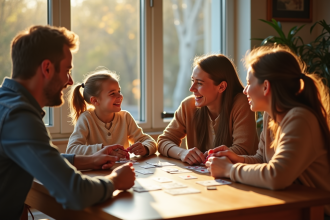 Famille heureuse jouant aux cartes autour de la table