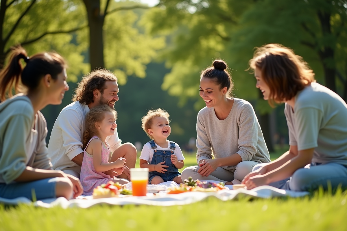 Famille diverse jouant ensemble dans un parc ensoleille avec des arbres verts