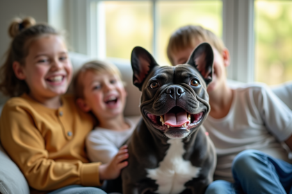 Famille heureuse avec bulldog francais sur un canapé