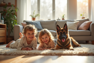 Famille heureuse jouant avec un chiot berger allemand dans le salon