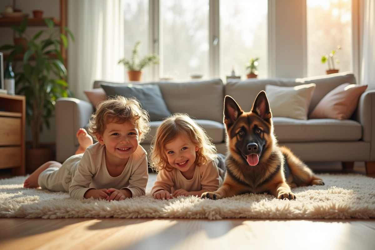 Famille heureuse jouant avec un chiot berger allemand dans le salon