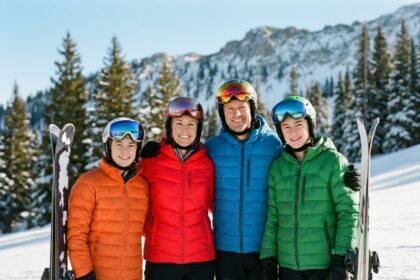 Famille avec masques de ski et lunettes de soleil sur les pistes enneigées en montagne