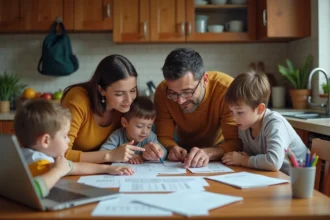 Famille nombreuse réunie autour d'une table de cuisine pour planifier leur budget familial avec des reçus et un ordinateur portable