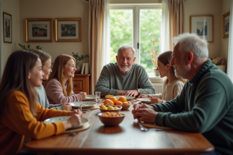 Famille multigenerational partageant un repas convivial