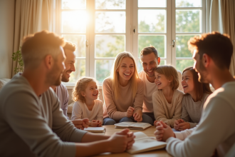 Famille réunie dans un salon lumineux et chaleureux