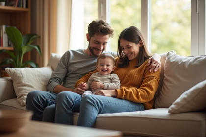 Jeune couple avec enfant dans un salon lumineux et chaleureux