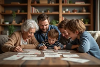 Famille réunie autour d'une table pour jouer aux devinettes un soir sans écrans