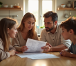 Famille de quatre autour d'une table à la maison examinant un bulletin scolaire