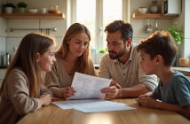 Famille de quatre autour d'une table à la maison examinant un bulletin scolaire