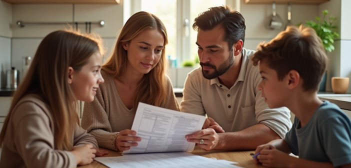 Famille de quatre autour d'une table à la maison examinant un bulletin scolaire