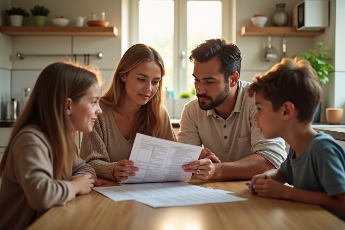 Famille de quatre autour d'une table à la maison examinant un bulletin scolaire