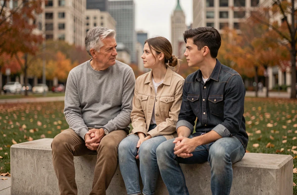Une famille unie assise dans un parc urbain en automne, illustrant les liens familiaux face aux défis médiatiques et aux polémiques publiques