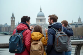 Famille en vacances scolaires sur le Millennium Bridge à Londres avec vue sur la cathédrale St. Paul